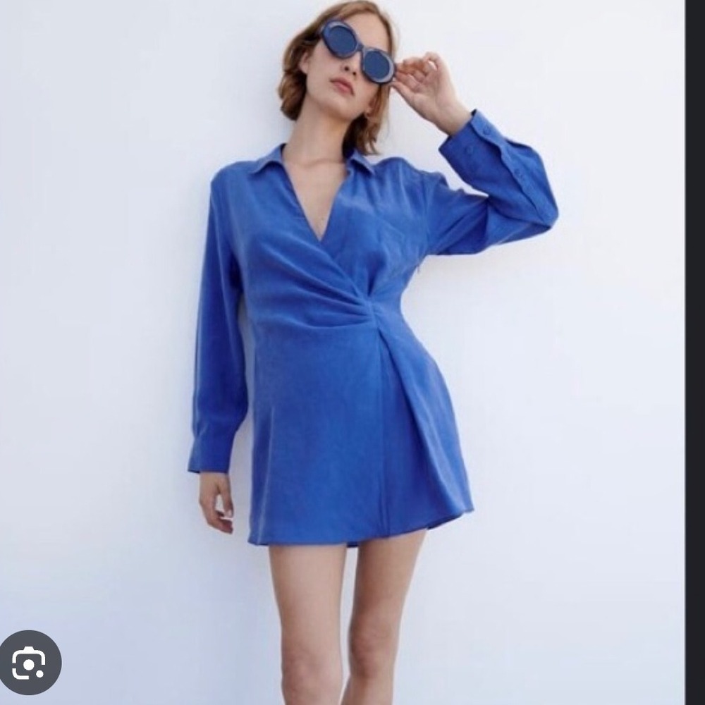 ZARA Blue Ruched Wrap Long Sleeve Shirt Dress Tunic Top Women's Medium